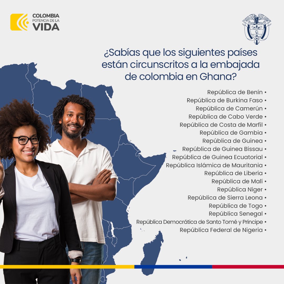 EmbColGhana's tweet photo. ¿Sabías que los siguientes países están circunscritos a la embajada de Colombia en Ghana? 

¡Descubre la red de apoyo y representación que ofrece nuestra embajada en África y siéntete más cerca! 🌍🇨🇴 

#EmbajadaColombia #Ghana https://t.co/1zNvC2dRwR