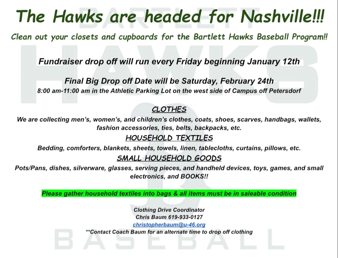 BHSHawkBaseball's tweet photo. Final drop of day tomorrow from 8-11am. @BartlettHawksAD @Bartlettsoccer1 @BartlettFootba1 @BSilverhawks @bhshawksbball @BHS_Girls_BBall @BHSCheerHawks @bartlett_hsSB @MDemovsky @BartlettLL @bartlettpd @Sabrehawks @BartlettVbal1 @_CoachVuk @hawkscoachg  @BartlettFire https://t.co/IoV55cfsPF