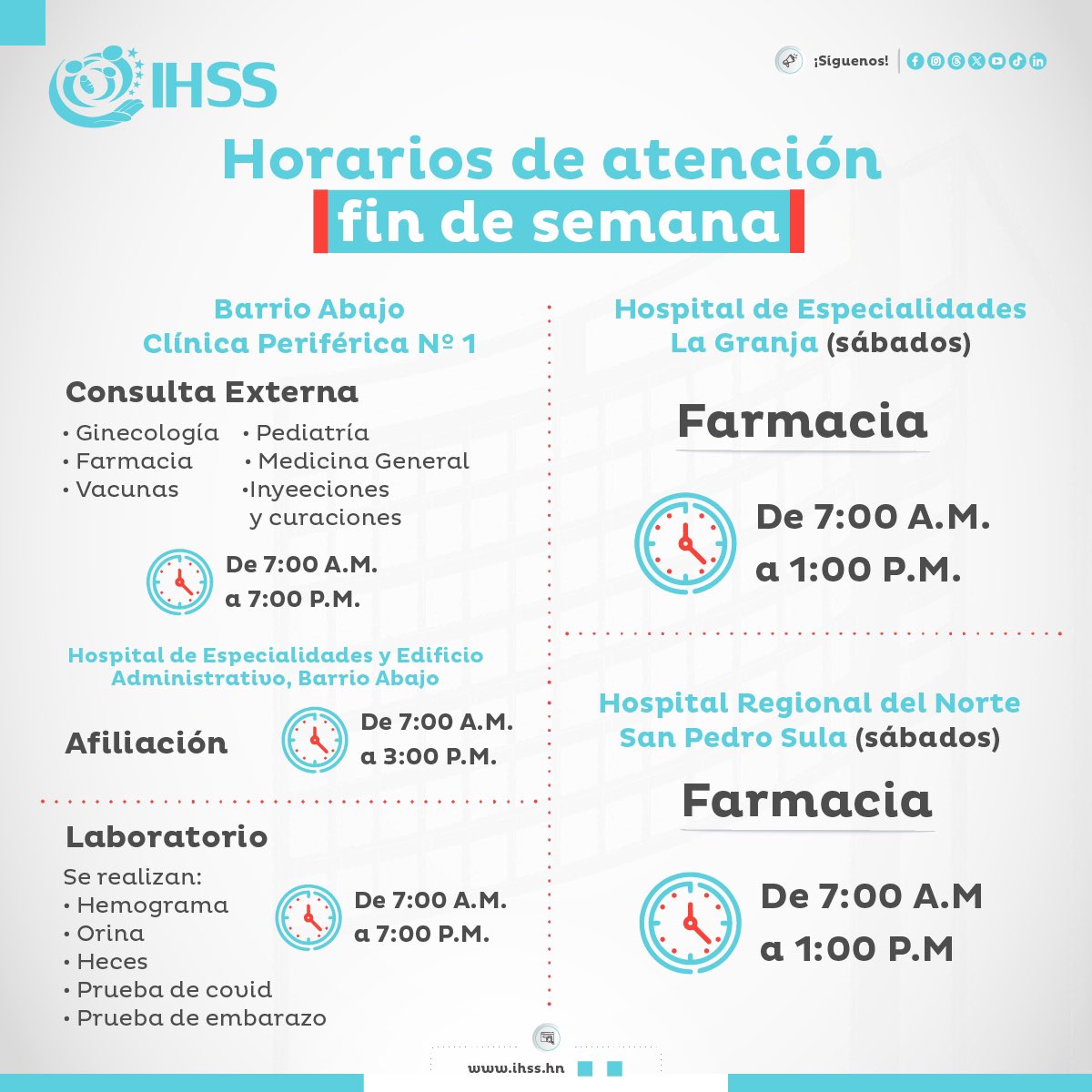 🗓️ | Seguimos brindando varios servicios este fin de semana… conozca los horarios que están disponibles: 

#ElNuevoIHSS #IHSS #Honduras #XiomaraCumple #IHSSinforma #SeguridadSocial