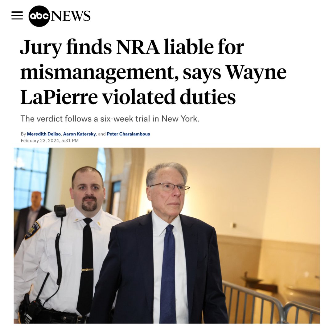BREAKING: A jury has found the NRA liable for financial mismanagement and its executives liable for improperly diverting funds from the non-profit to benefit themselves. The NRA has been in a doom spiral for years now—with declining revenue, membership, and political prowess—and…