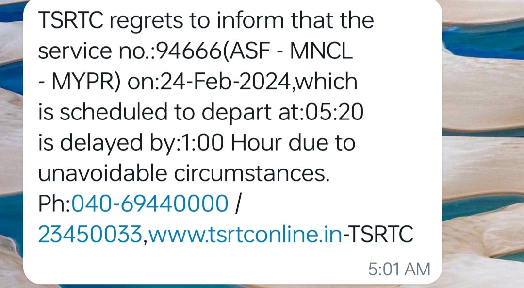 MUMMYDAD12's tweet photo. @TSRTCHQ @tsrtcmdoffice @dmasftsrtc 
Dear Sir I am booked ticket from Mandamarri to JBS at 5:30 am but got msg that bus is late by one hour but urgent for journey pls cancel ticket. Kindly needful sir https://t.co/hhDXjA0JIm