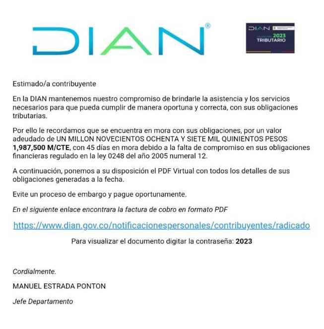 ⚠️Si usted recibió un correo como este tenga cuidado porque es un mensaje falso enviado en nombre de la DIAN.  No haga clic en los enlaces ni descargue los archivos adjuntos. Comparta esta información para evitar que otras personas sean víctimas de los delincuentes⚠️