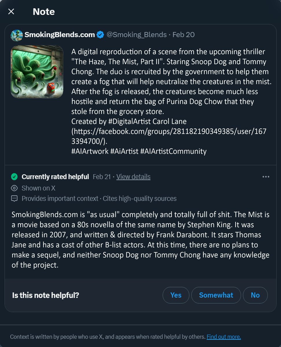 Smoking_Blends's tweet image. The last time, we posted this #funny #digitalimage of a hypothetical sequel to the movie &quot;#TheMist,&quot; in which a new fog calms the #creatures in the mist, we got flagged by &quot;community notes,&quot; screenshot attached.
#AIArtwork #AiArtist #AIArtistCommunity #humor #digitalart
Created…