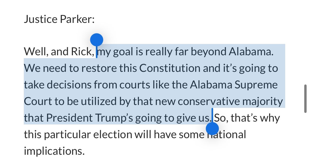 Alabama’s chief justice in 2018: “My goal is really far beyond Alabama. We need to restore this Constitution and it’s going to take decisions from courts like the Alabama Supreme Court to be utilized by that new conservative majority that President Trump’s going to give us.”