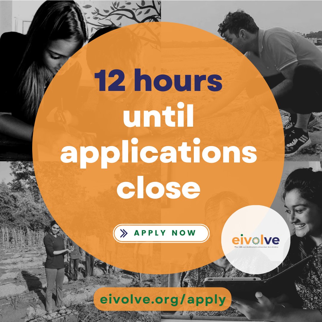 Apply : eivolve.org/apply
---
Only 12 hours to until applications close ⏱

Gentle reminder to all aspiring entrepreneurs and changemakers to submit their applications soon.

#opportunity #incubation #volunteering