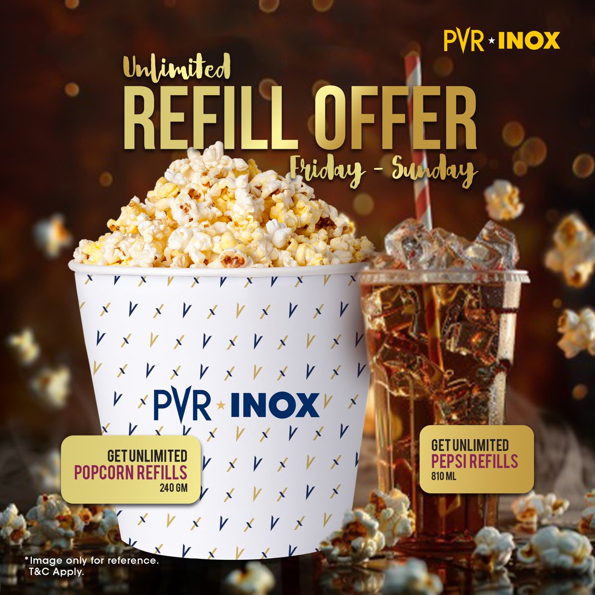 Unleash the joy of non-stop snacking and sipping! 🎬🍿 Indulge in the Unlimited Popcorn (240gm) and Pepsi (810ml) refills, exclusively available from Friday to Sunday! *T&C Apply
.
.
.
#Popcorn #Pepsi #Tasty #PVRTreats #Offer #Deal #UnlimitedRefills