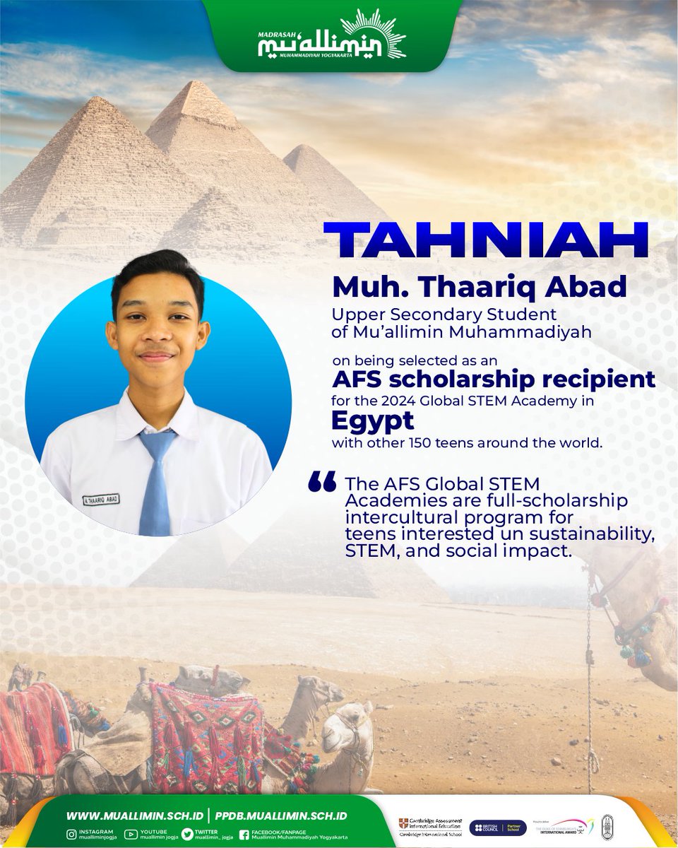 Tahniah 
Ananda Muh. Thaariq Abad sebagai peserta AFS Scholarship 2024 yang akan berangkat ke Mesir, selamat kader !