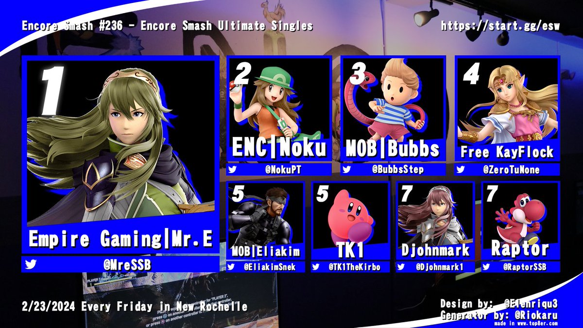 Congrats to the Winner of Encore #236!!!

🥇 <a href="/MreSSB/">Mr. E</a> 
🥈  <a href="/NokuPT/">Noku</a> 
🥉  <a href="/BubbsStep/">Bubbs</a> 

Bracket: Start.gg/esw