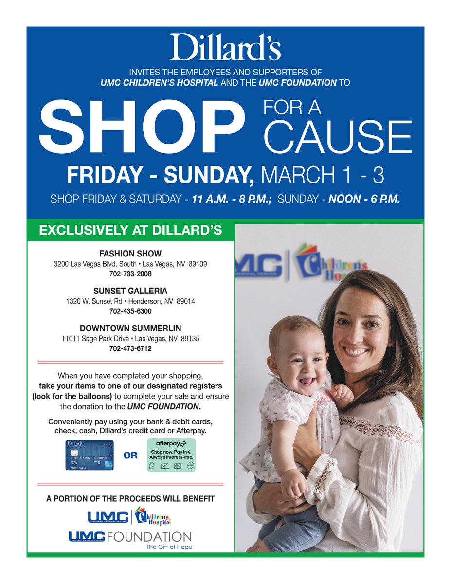 NEXT WEEKEND: Shop for a cause at local @Dillards stores! Your purchase at a designated register will support patient-focused projects at @UMCSN and UMC Children's Hospital! 🛍️