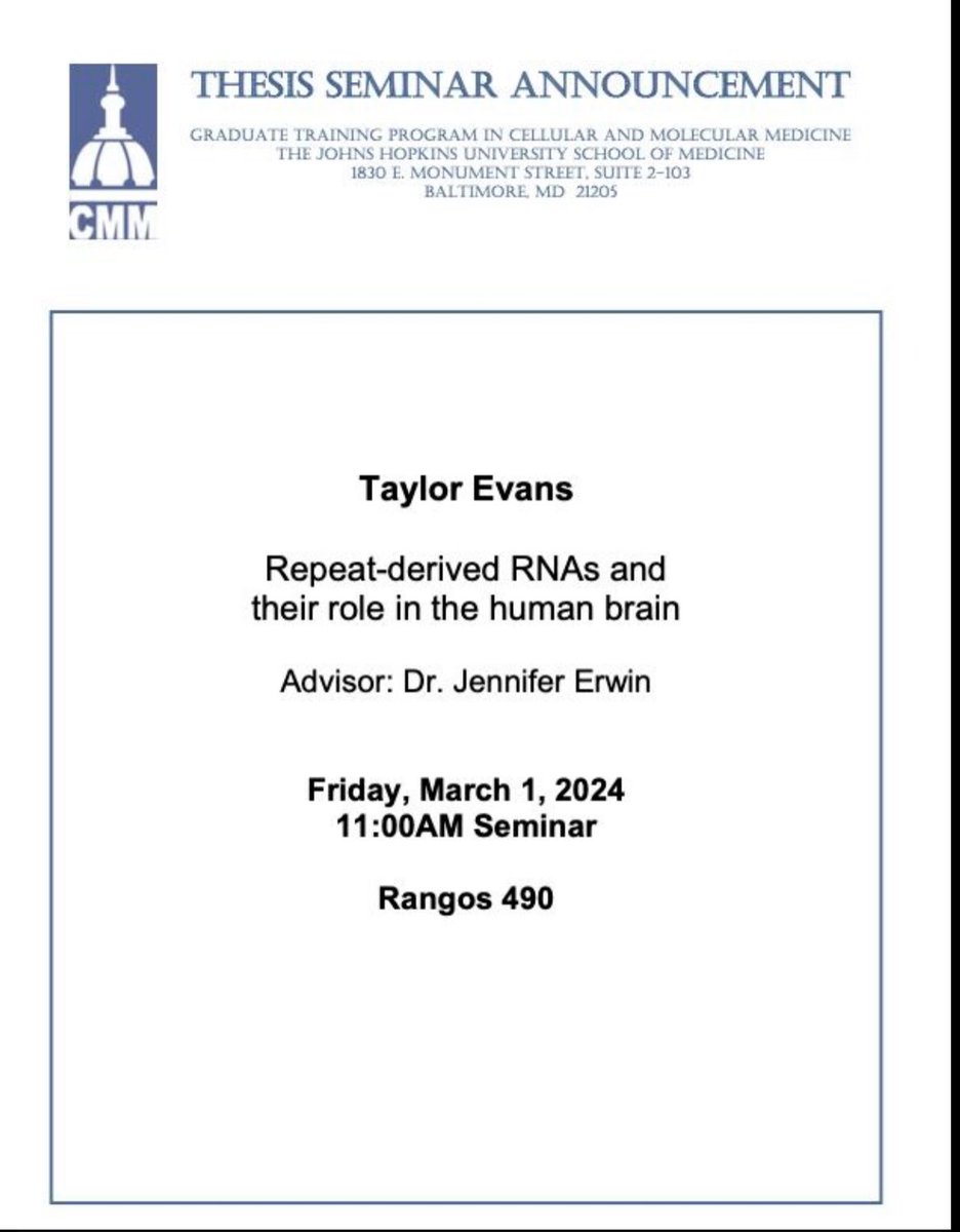 taylorev_'s tweet image. Re-emerging on here to tell you… I&apos;m graduating! 

Join me at my thesis defense seminar Friday, March 1st at 11am to learn more about my work at the intersection of repeat and RNA biology.

If you&apos;d like to attend, please message me to access via Zoom link!