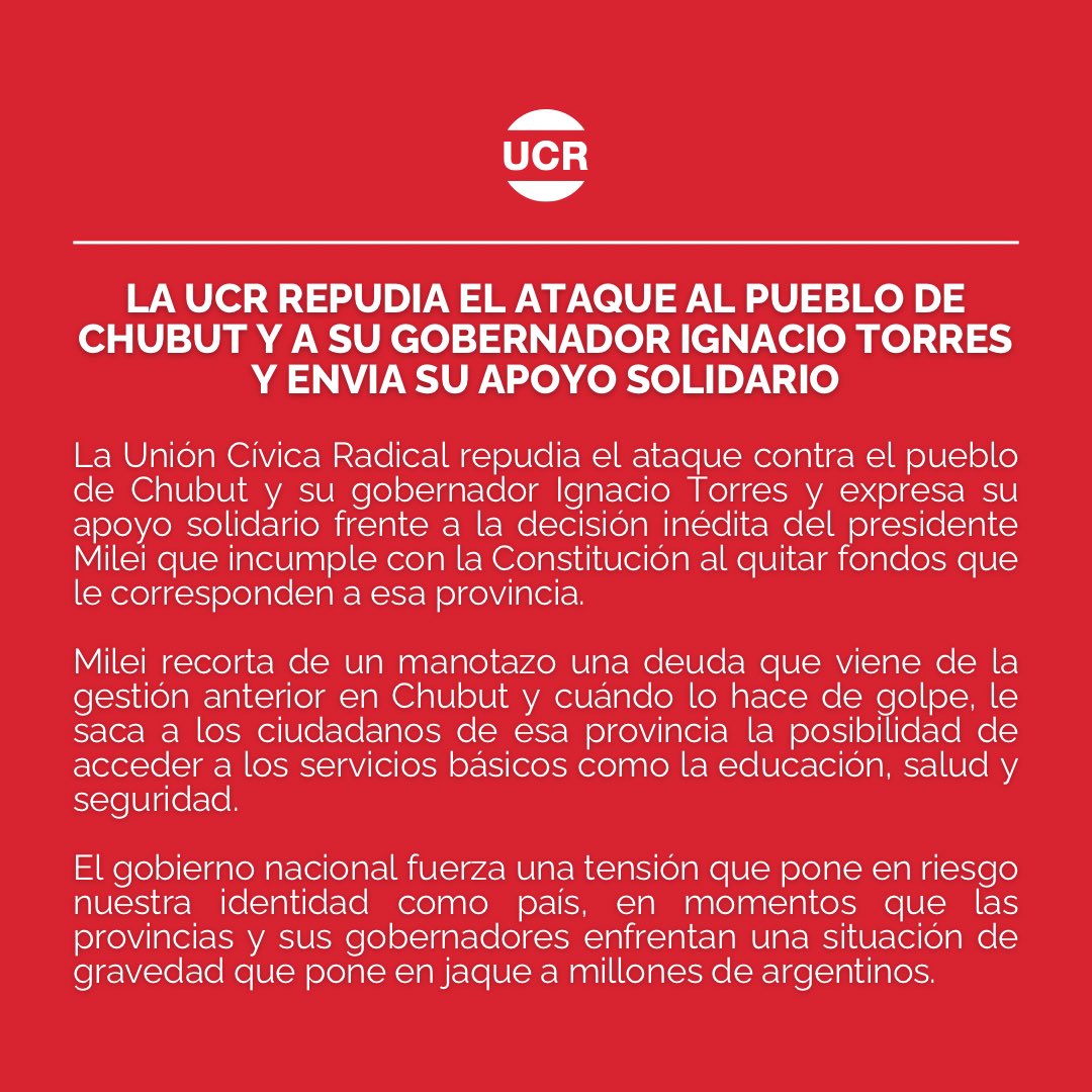 #Comunicado | La UCR repudia el ataque al pueblo de Chubut y a su gobernador Ignacio Torres y envía su apoyo solidario.
