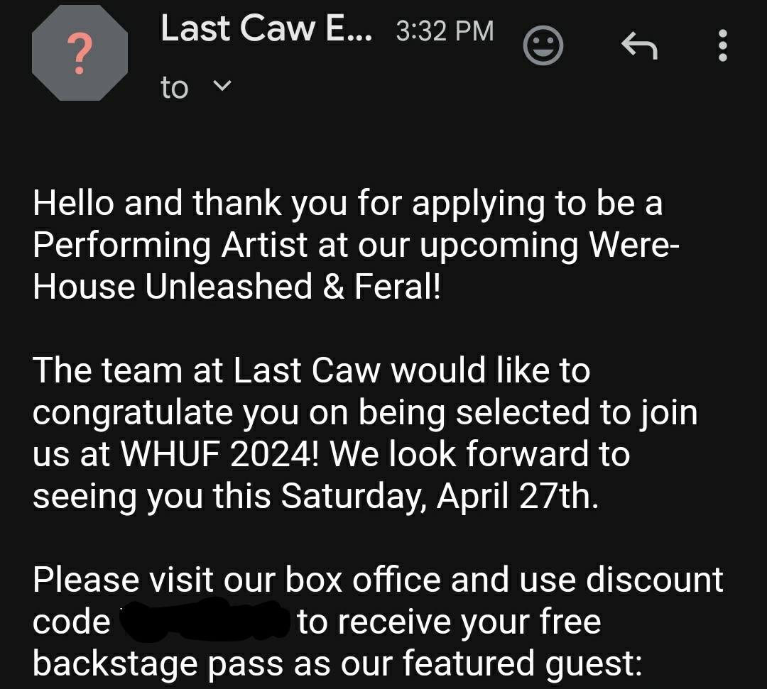 Aww snap!✨ Colorado, save the date! April 27th, 2024 I'll be playing at @LastCaw_Events WHUF 2024! Theres going to be tons of talented vendors and performers there, and I'm thankful to bring my own unique flavor of dnb to the event. See you there, awoo! lastcaw.cc/events/WHUF/