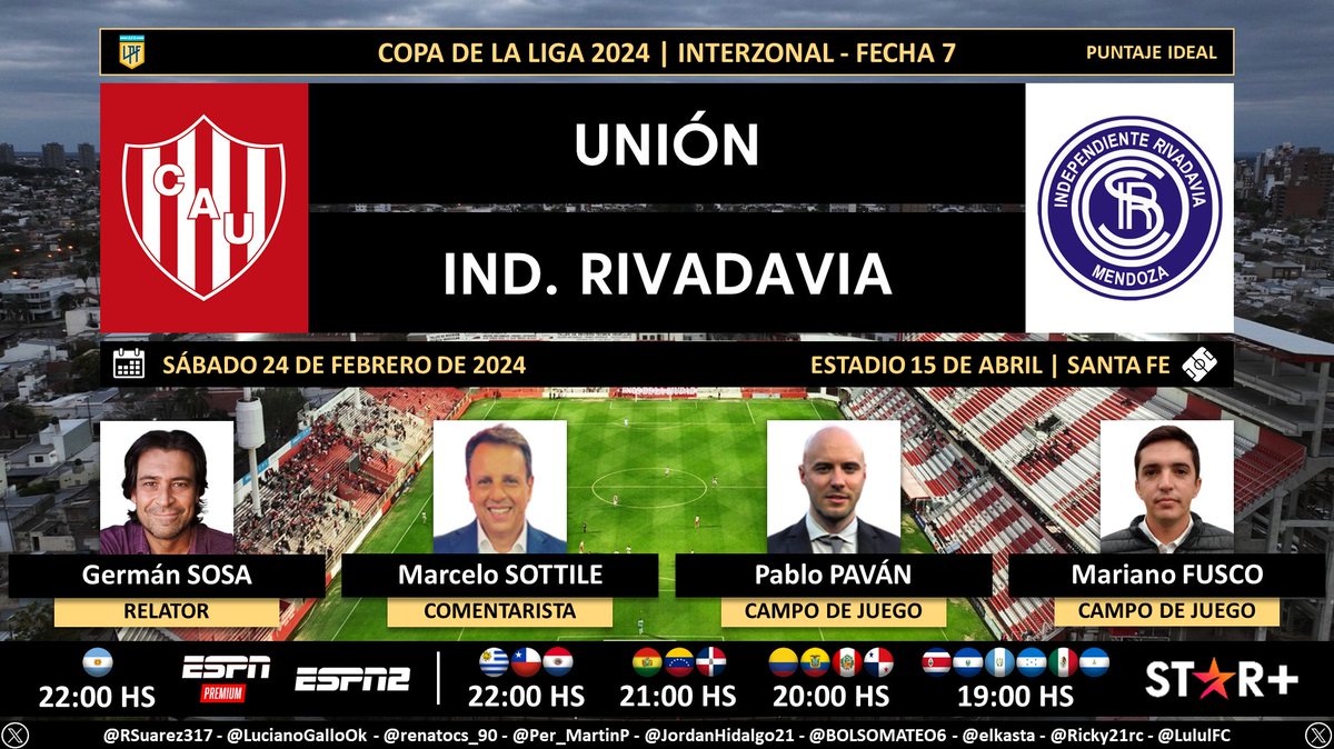 ⚽ #CopaDeLaLiga 🇦🇷 | #Unión vs. #IndependienteRivadavia 🎙 Relator: @GermanSosaEspn 🎙 Comentarista: @cholosottile 🎙 Cdj: @pablitopavan y @MarianoFusco2 📺 ESPN Premium - ESPN 2 🇦🇷 💻📱 @StarPlusLA Latinoamérica (❌🇦🇷) 🤳 #ESPNPremium - #ESPNenStarPlus - #PackFútbol Dale RT 🔃