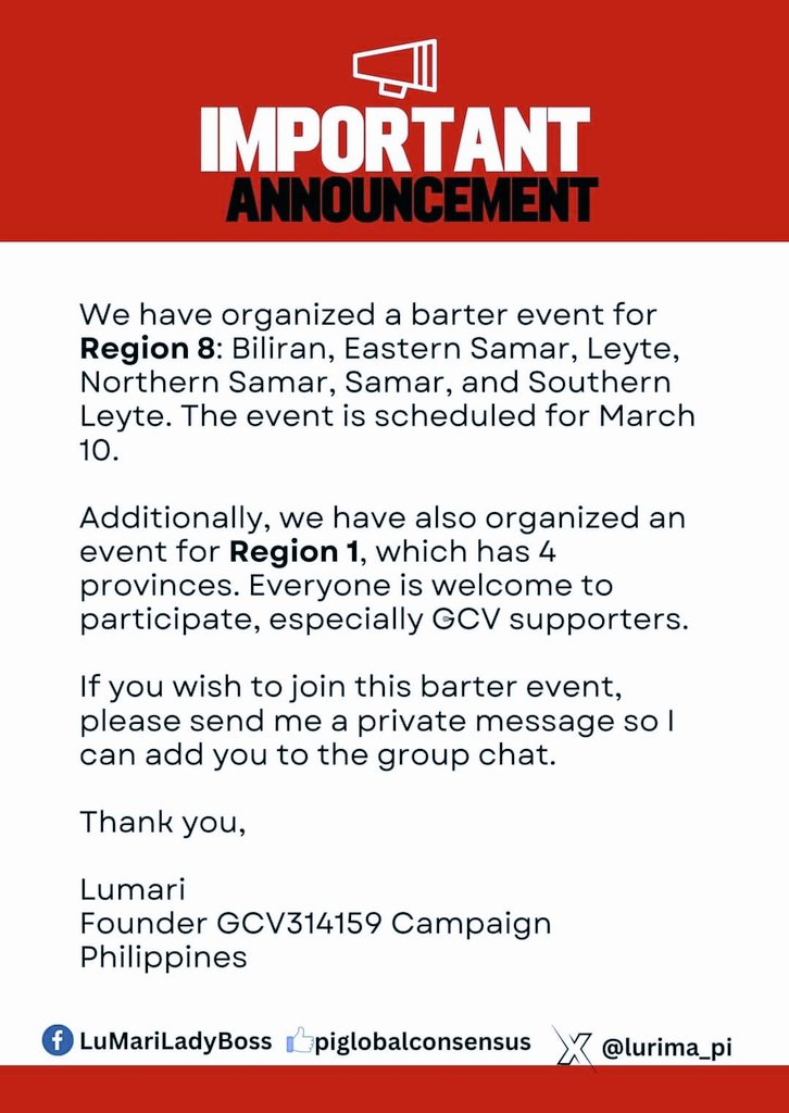 IMPORTANT ANNOUNCEMENT 📣

#ThePhilippines
 Organize a barter event for Districts 1 and 8 to support a massive GCV campaign.  Our common goal is to actively contribute to the standard of 60 to 80% of real GCV data on the blockchain.  Let's make a big impact together.
#OpenMainNet