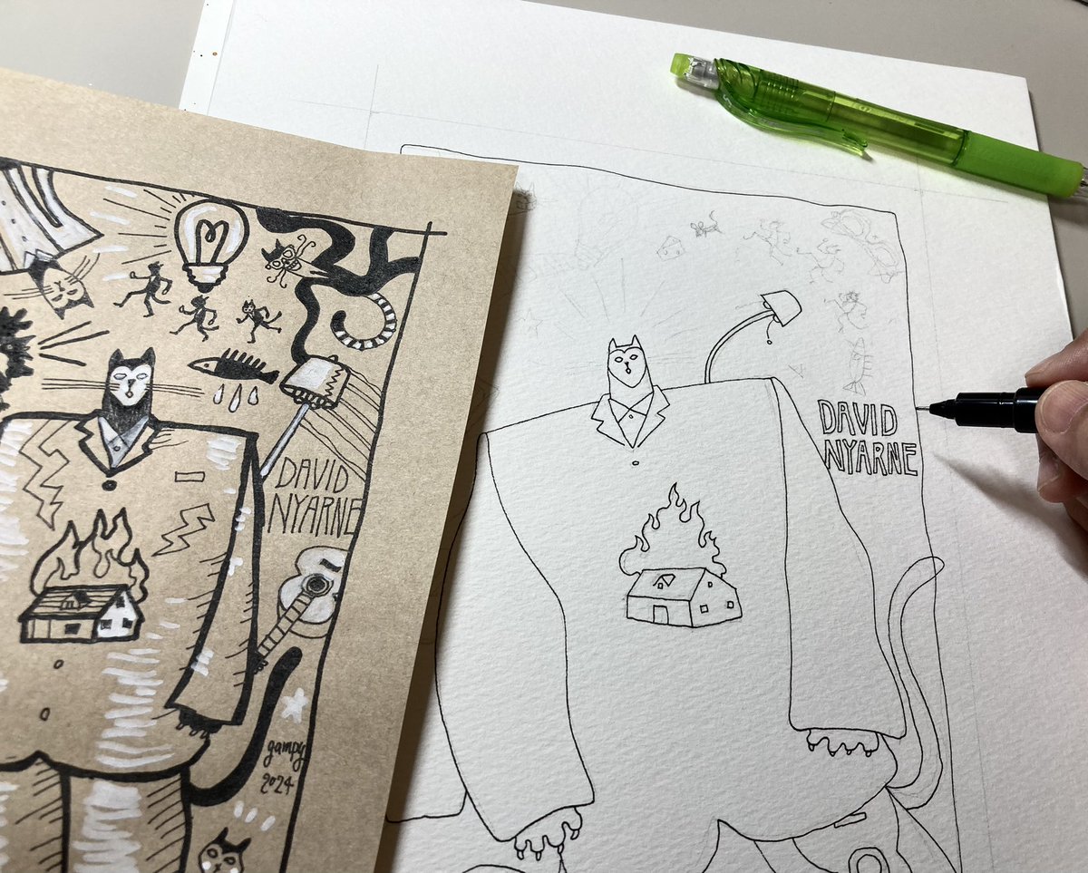 タイトル:「ディヴィッド・ニャーン」  画材:ホワイトワトソン紙にアクリル、顔料ペン、色鉛筆。 フレームのサイズ:32.3×26×2.5㎝