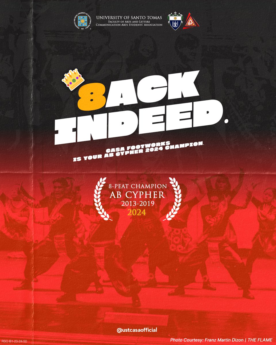 #FTWRXIS8ACK! 🏆

CASA Footworks is your AB Cypher 2024 Champion, solidifying the 8-peat streak! 

Continue to innovate and build legacies that redefine creativity and versatility. Congratulations, FTWRX!

#MalaCASAn

Photo by Franz Martin Dizon | THE FLAME

RSO B1-23-24-50