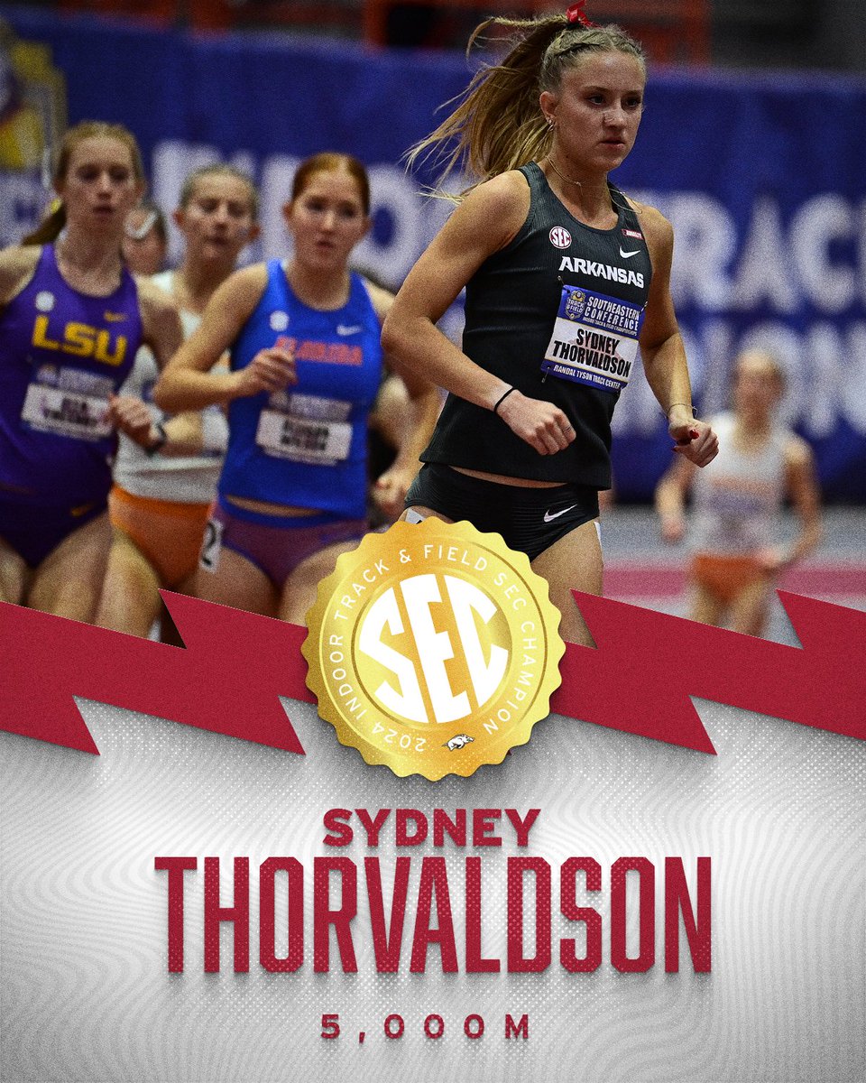 RazorbackTFXC's tweet photo. 2024 SEC Indoor

Women's 5,000m FINAL
1) 15:42.45 Sydney Thorvaldson [MR]
2) 15:53.86 Brenda Tuwei (Al)
3) 16:00.49 Amelia Mazza-Downie (Fl)

Previous meet record 15:43.64 by Mercy Chelengat (Al) https://t.co/Un1jrptMr4
