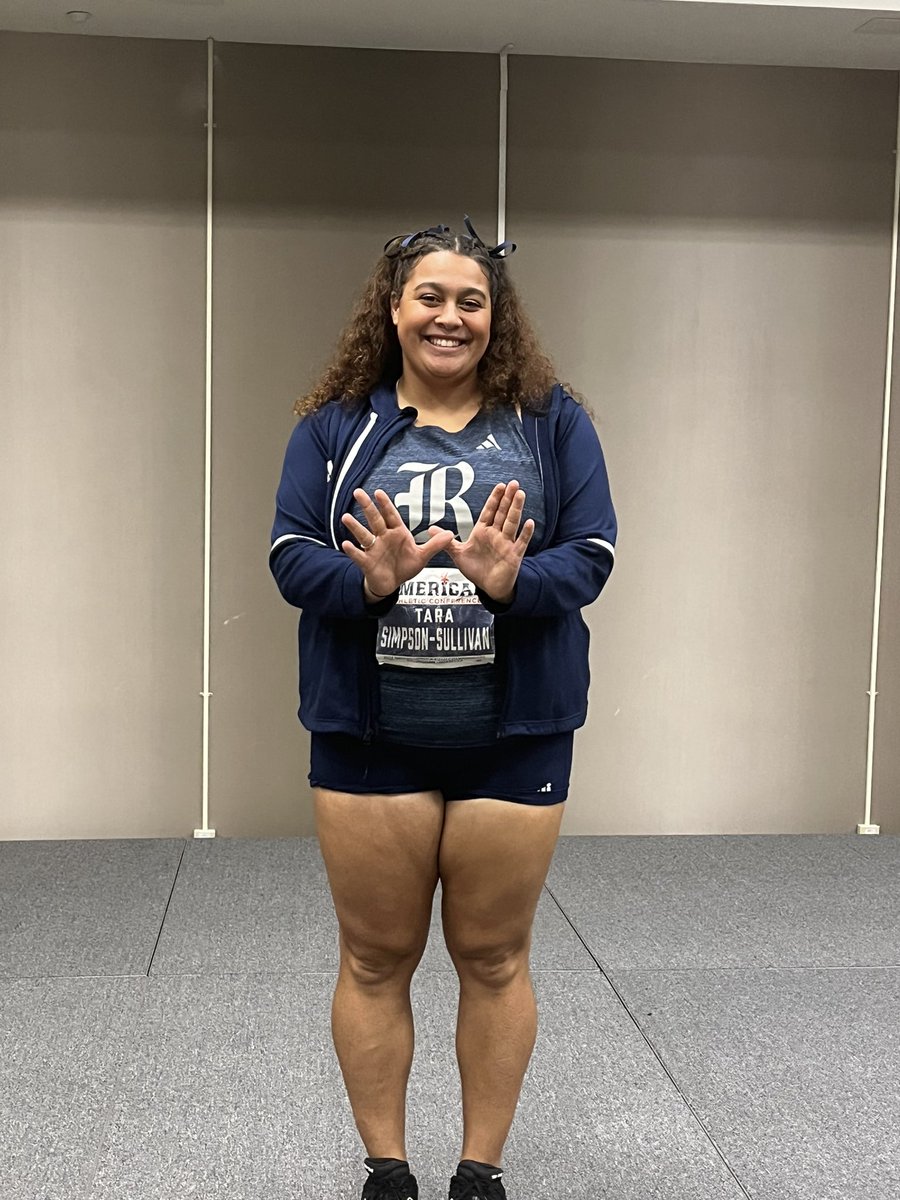 Tara wins her fourth Weight Throw Championship, her first in the AAC!!! She is tremendous!!!