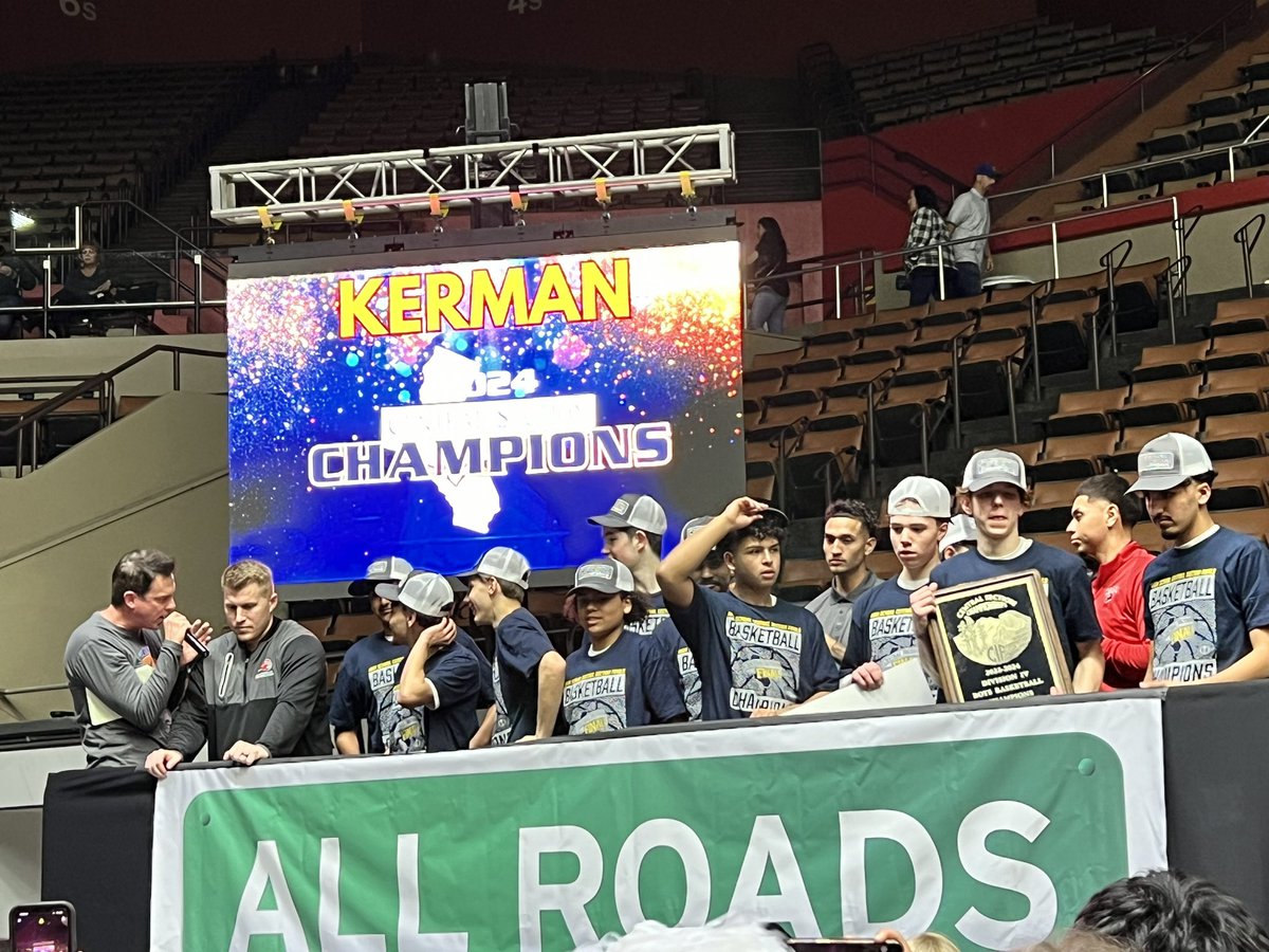 Congratulations to the Kerman boys basketball team for winning the Division IV title with a 61-60 edge over Corcoran. The Lions stole the ball on an inbounds pass with .5 to play. Players of the game are Kerman’s Leon Madec and the Panthers’ Julian Fernandez.