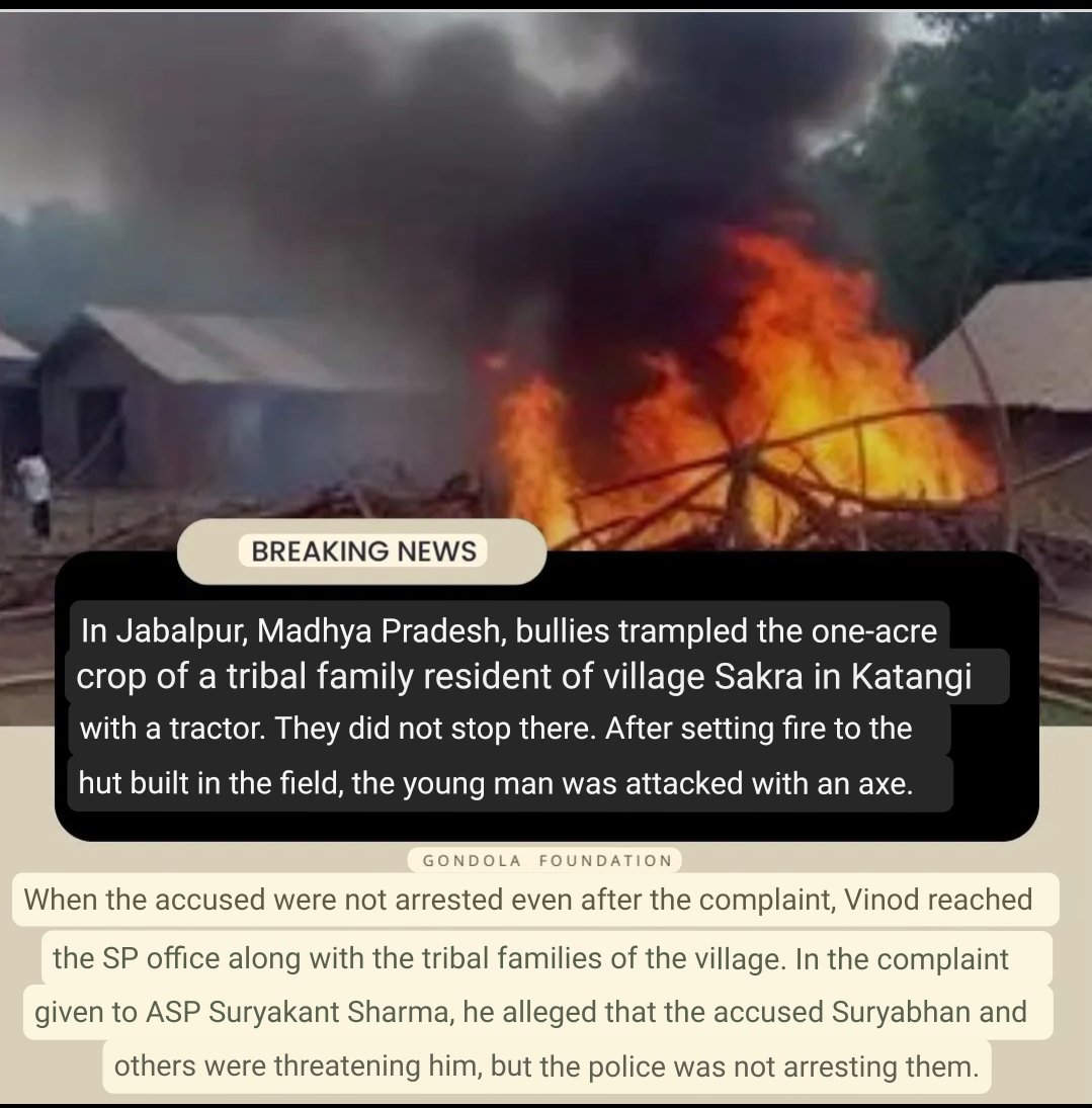 #India: In Jabalpur, Madhya Pradesh, bullies trampled the one-acre crop of a tribal family resident of village Sakra in Katangi with a tractor. They did not stop there. After setting fire to the hut built in the field, the young man was attacked with an axe.
<a href="/PMOIndia/">PMO India</a> <a href="/HMOIndia/">गृहमंत्री कार्यालय, HMO India</a>