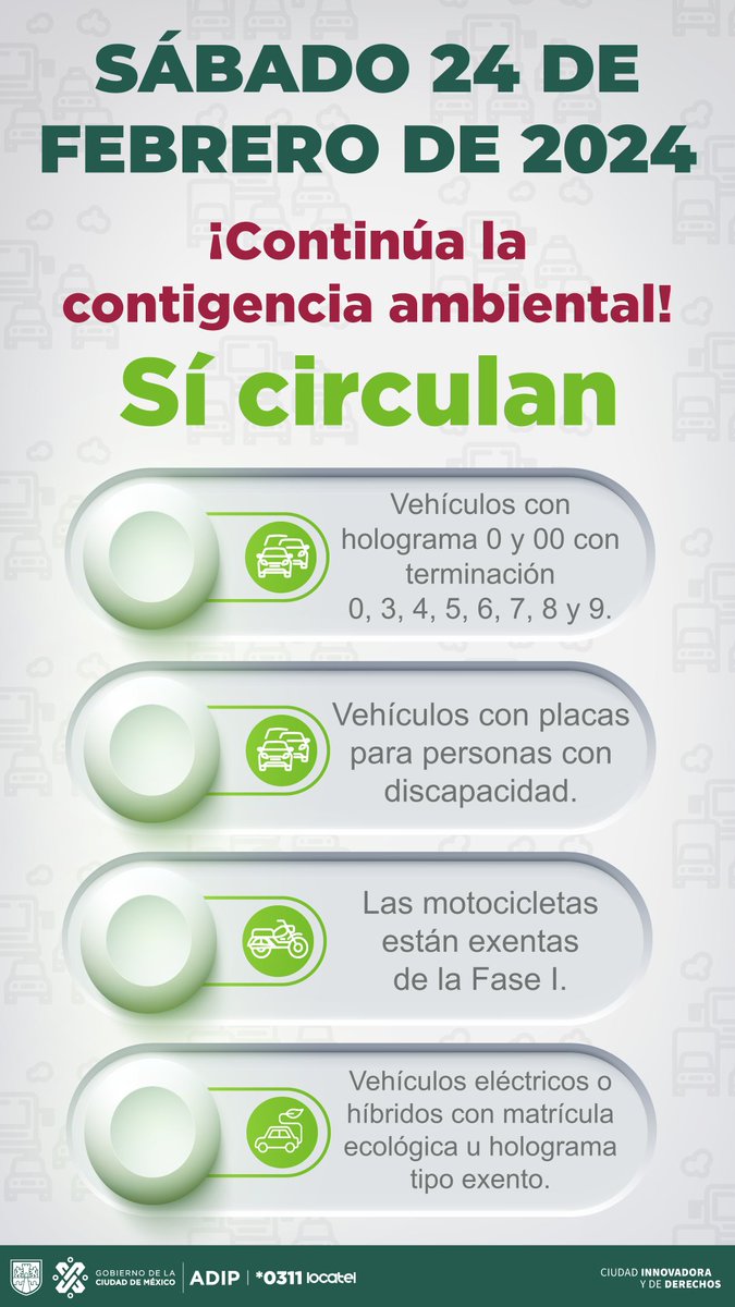 locatel_mx's tweet photo. ⚠️Atención⚠️
La @CAMegalopolis informa que este sábado 24 de febrero, continúa la Contingencia Ambiental Atmosférica por ozono en la Ciudad de México.
https://t.co/zCDvZNGYVu
Checa las restricciones aquí 👇 https://t.co/yb0HYDE9uK