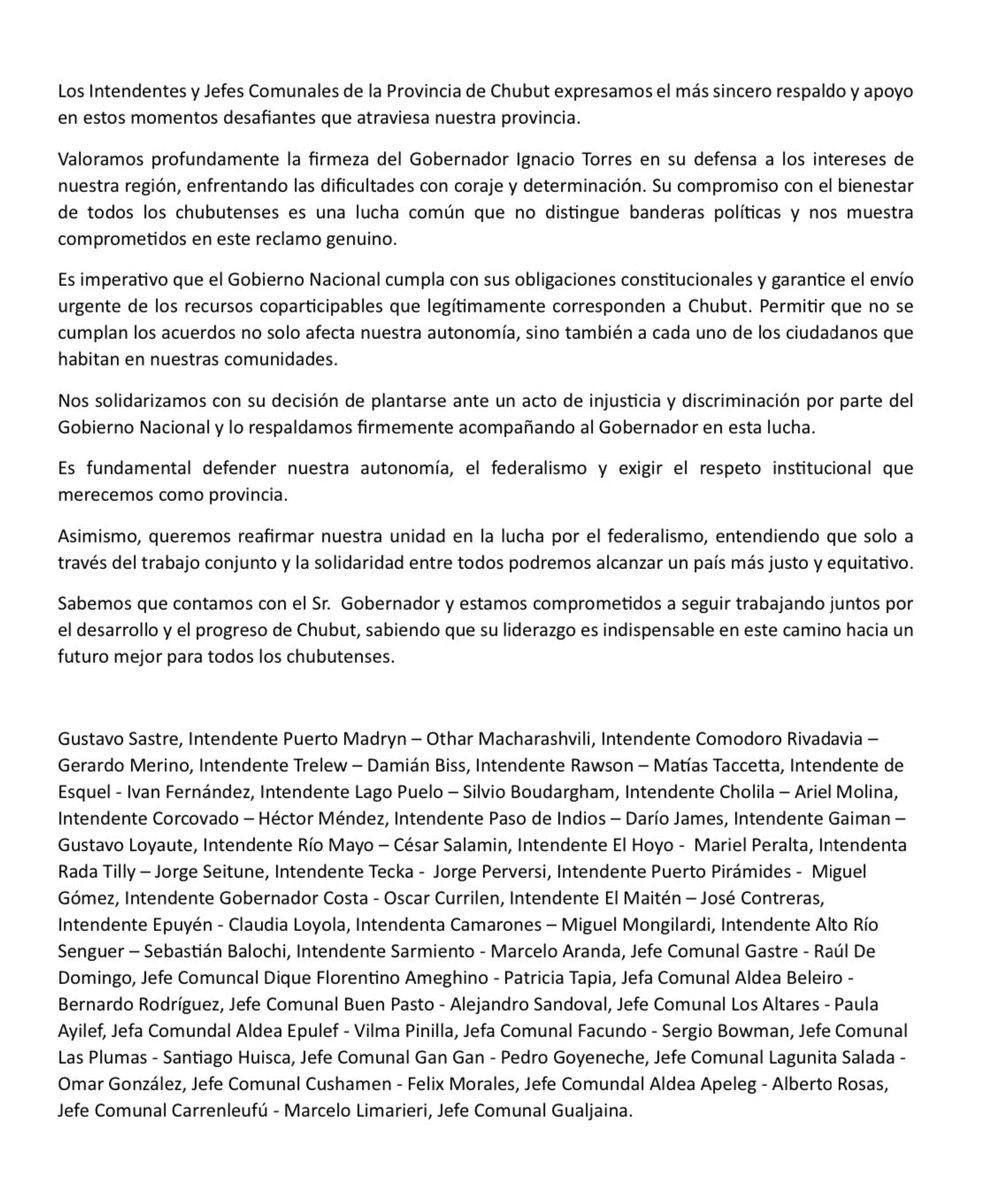 Los Intendentes y Jefes Comunales de la Provincia de #Chubut expresamos el más sincero respaldo y apoyo al gobernador @NachoTorresCH en estos momentos desafiantes que atraviesa nuestra provincia. Los invito a leer el comunicado 👇