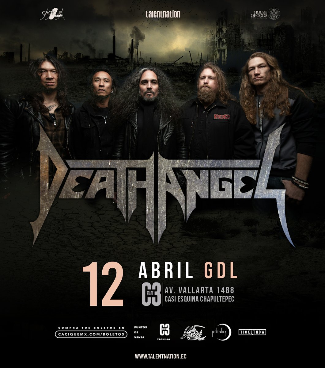 DEATH ANGEL en GDL • 12 de Abril • C3 Stage Más información: go.caciquemx.com/DeathGDL GENERAL: Preventa Especial: $750 pesos (50 tickets solo ONLINE) Preventa: $850 pesos Día del Evento: $950 pesos BALCÓN VIP: $1,250 (Zona de mesas)