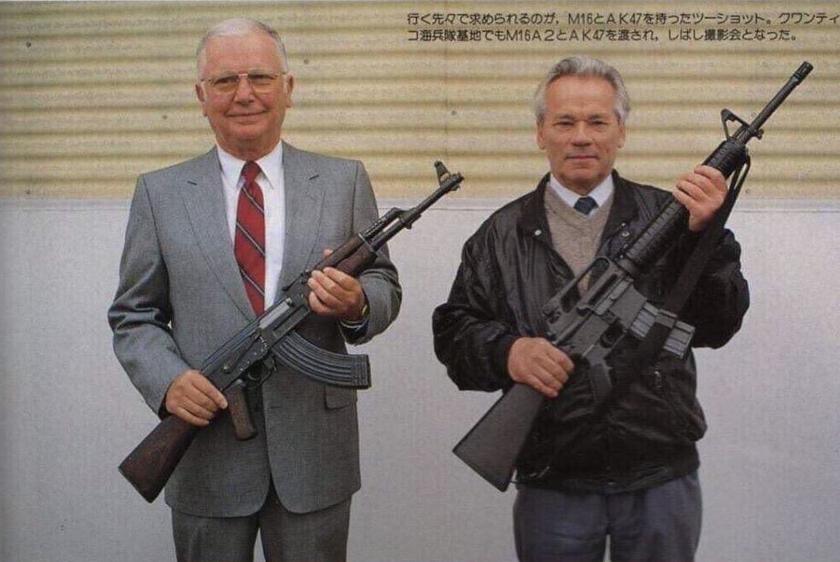 WeaponsVault's tweet photo. Mikhail Kalashnikov and Eugene Stoner holding each other's designed rifles (Ak-47; Armalite AR-15) https://t.co/tQ5xxbhLzj