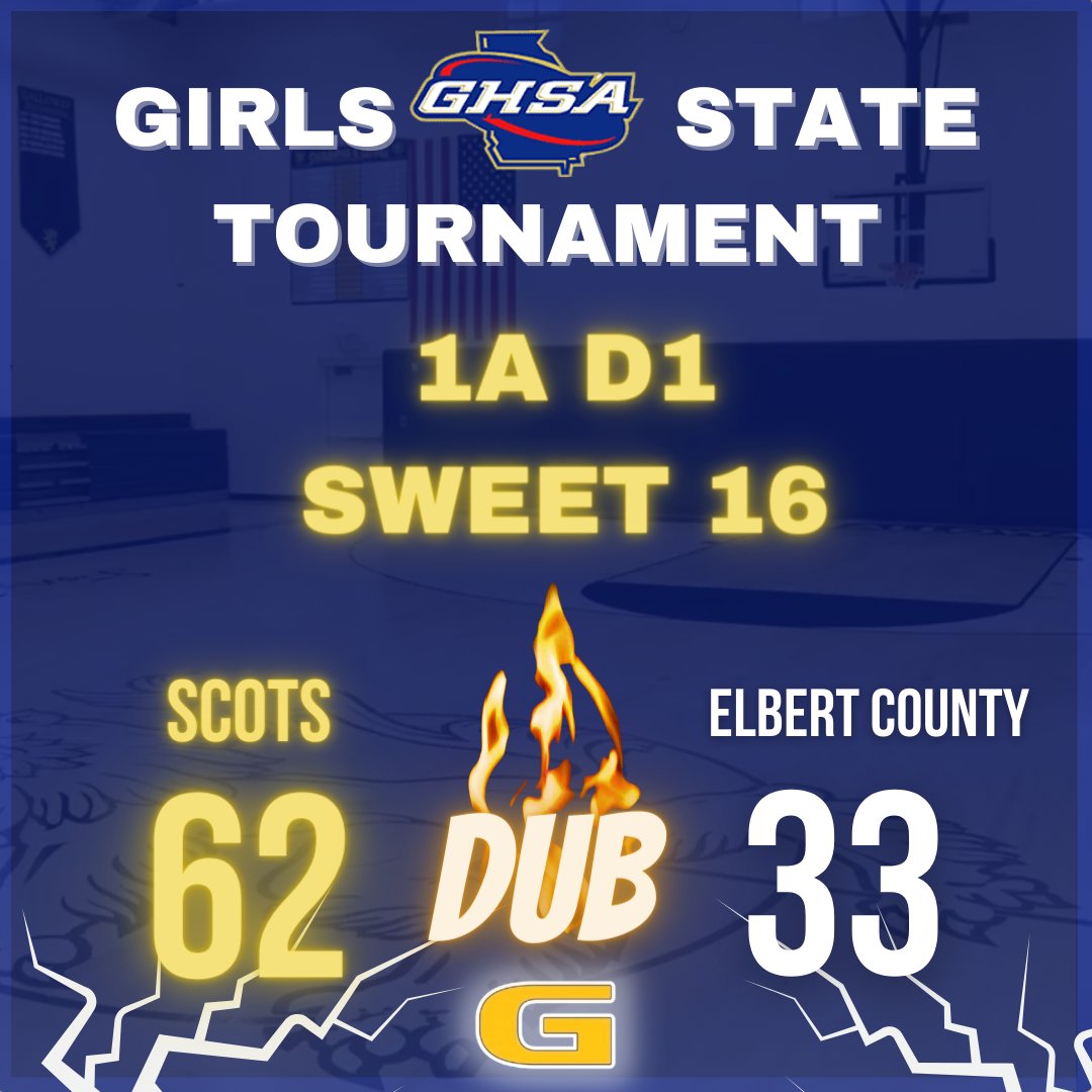 Sweet 16 DUB🔥! The Scots turned it on in the 2nd half to pull away from a tough Elbert County squad. Thanks for packing the Den tonight! 🙏🏾💯 @7ianna_ 30p 6s @7aryn7hompson 13p 3a 3s 3r @DanayaStokes 8p 10r 4s @sophdogg2027 8p 3a 3s