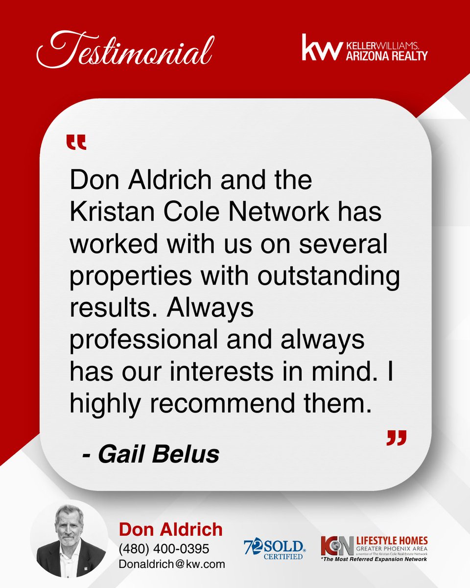 KWArizonaHomes's tweet image. It&apos;s incredibly motivating to receive such high recommendations from satisfied clients. Exceptional job, Don!

If you have friends or relatives looking for a similar experience, feel free to reach out to Don Aldrich at (480) 400-0395.

#ClientRecommendations #ExceptionalService