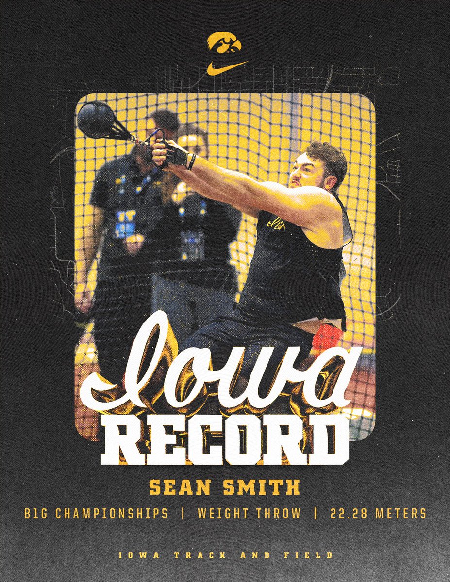 Sean Smith's school-record 22.28 meters (73’ 1.25”) in the weight throw ranks 13th in the nation.

<a href="/sean_smith312/">Sean Smith</a> 💪

#B1GTF x #Hawkeyes