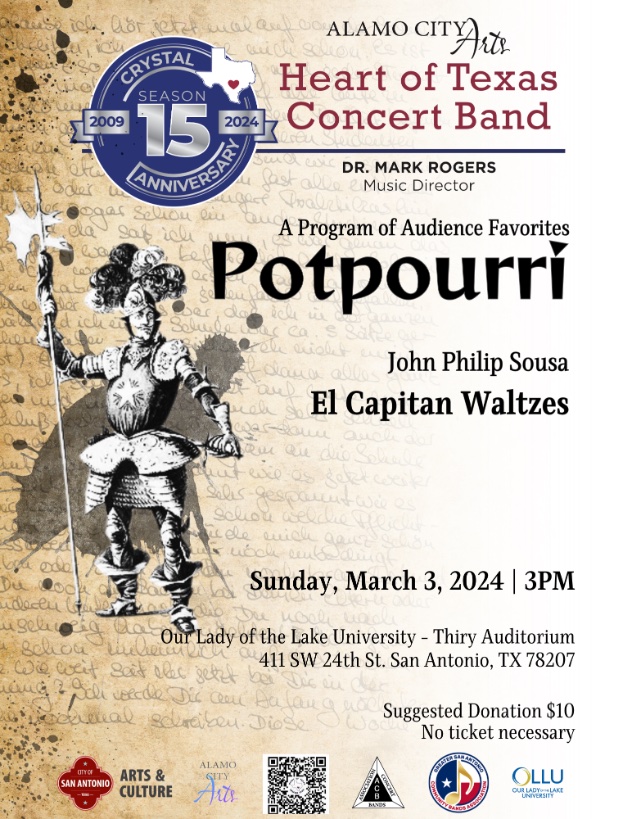 htxcb's tweet image. Sun. March 3   3PM
Potpourri
HTxCB

Our Lady of the Lake Univ
Thiry Aud
411 SW 24th St
San Antonio, Tx 78207

Irish Tune from County Derry -  Percy Aldridge Grainger,  R. Mark Rogers

heartoftexasconcertband.org/index-2-2/dona…