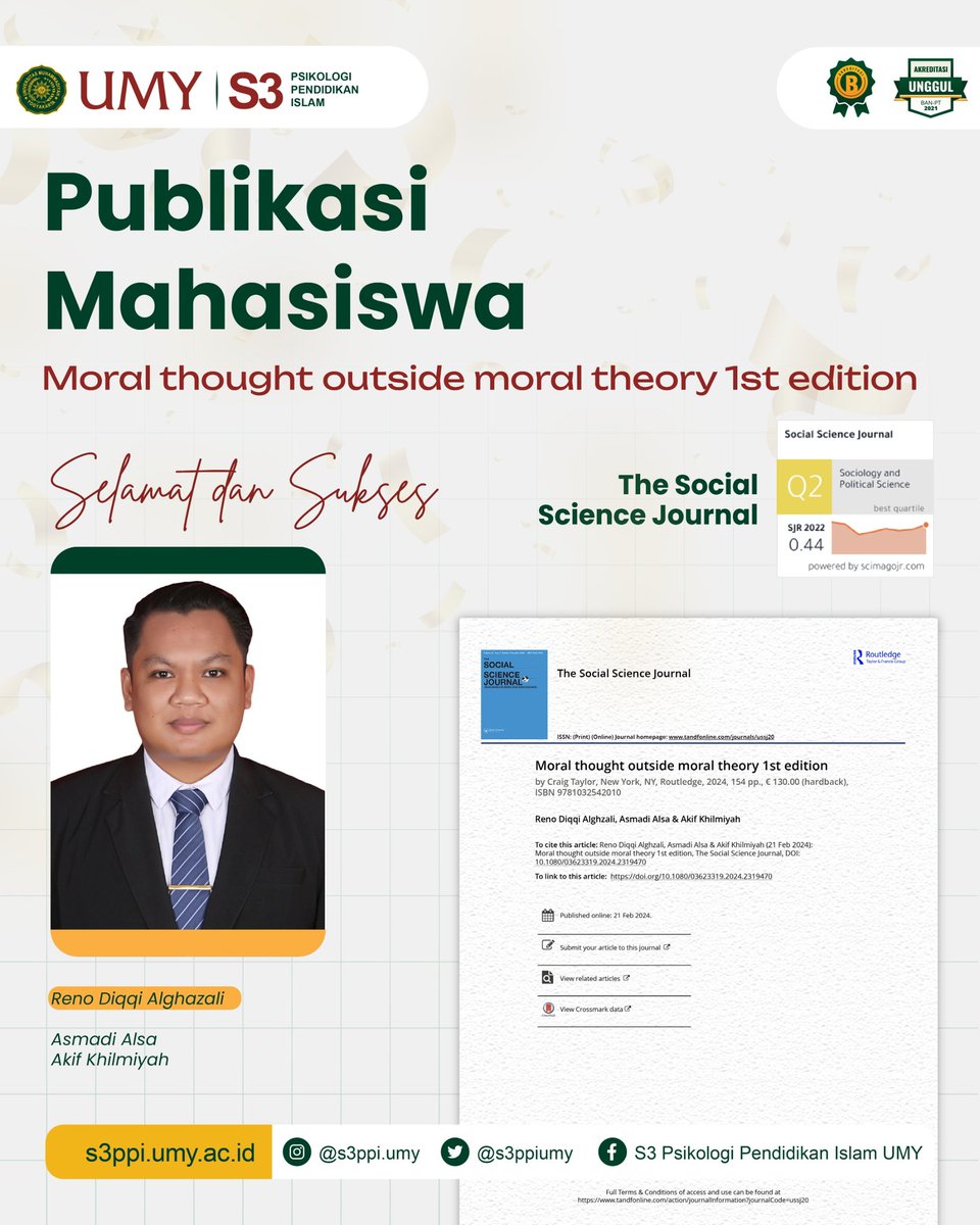 S3PPIUMY's tweet photo. Selamat kepada mahasiswa PSD PPI UMY atas nama Reno Diqqi Alghzali yang berhasil mempublikasikan artikel book review berjudul Moral thought outside moral theory 1st edition. Scopus Q2: The Social Science Journal. https://t.co/1sKZadtkiN
