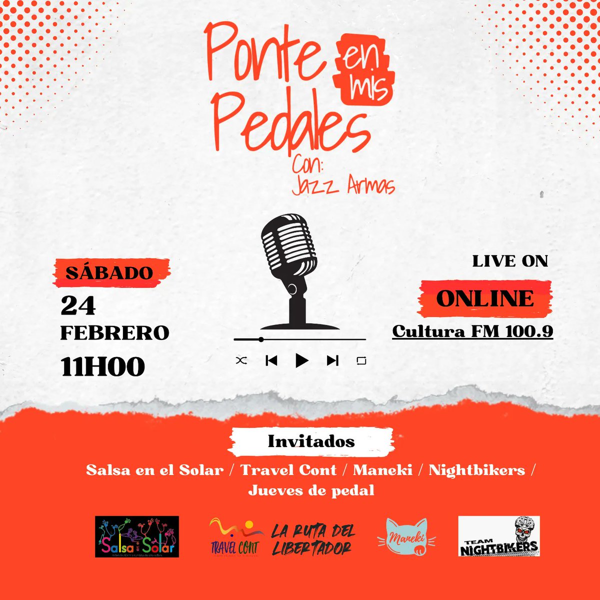Este sábado 24 te esperamos en Cultura FM 100.9 
Estarán en Ponte en mis pedales @salsaenelsolar Lucky Lenin / Ruta Aventura "RUTA DEL LIBERTADOR" / Maneki  y muchos más. 
Música Rockin Crueles y Bacalao Men