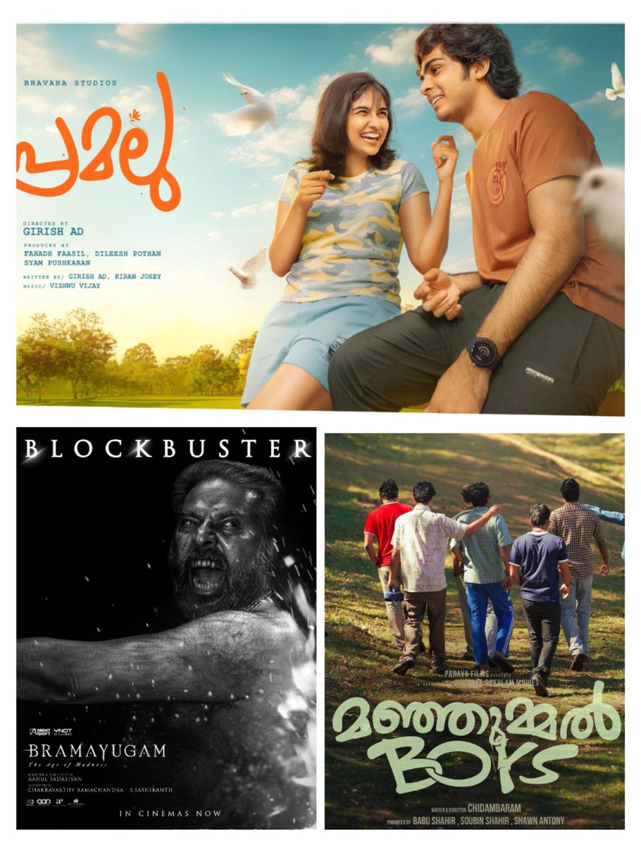 The biggest weekend cumulative figure ever in the history of mollywood is loading.

#Premalu eyes 60cr+ mark (18days) - Rom-Comedy

#Bramayugam eyes 55cr+ mark (11days) - Black & white horror thriller

#ManjummelBoys eyes 30cr+ mark (4days) -Survival thriller 

#MalayalaCinema 🔥