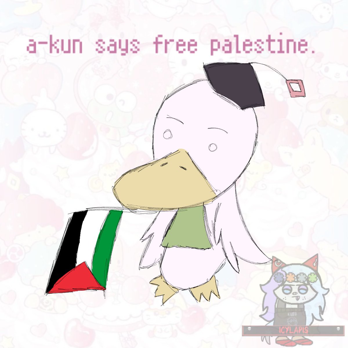 IcyLapis's tweet photo. little sketch i did of a-kun from moetan holding a palestinian flag. strike week may be over but don't stop talking about palestine no matter what. #freepalestine #ceasefirenow #ceasefireingaza #moetan https://t.co/3tIC2KmQh6