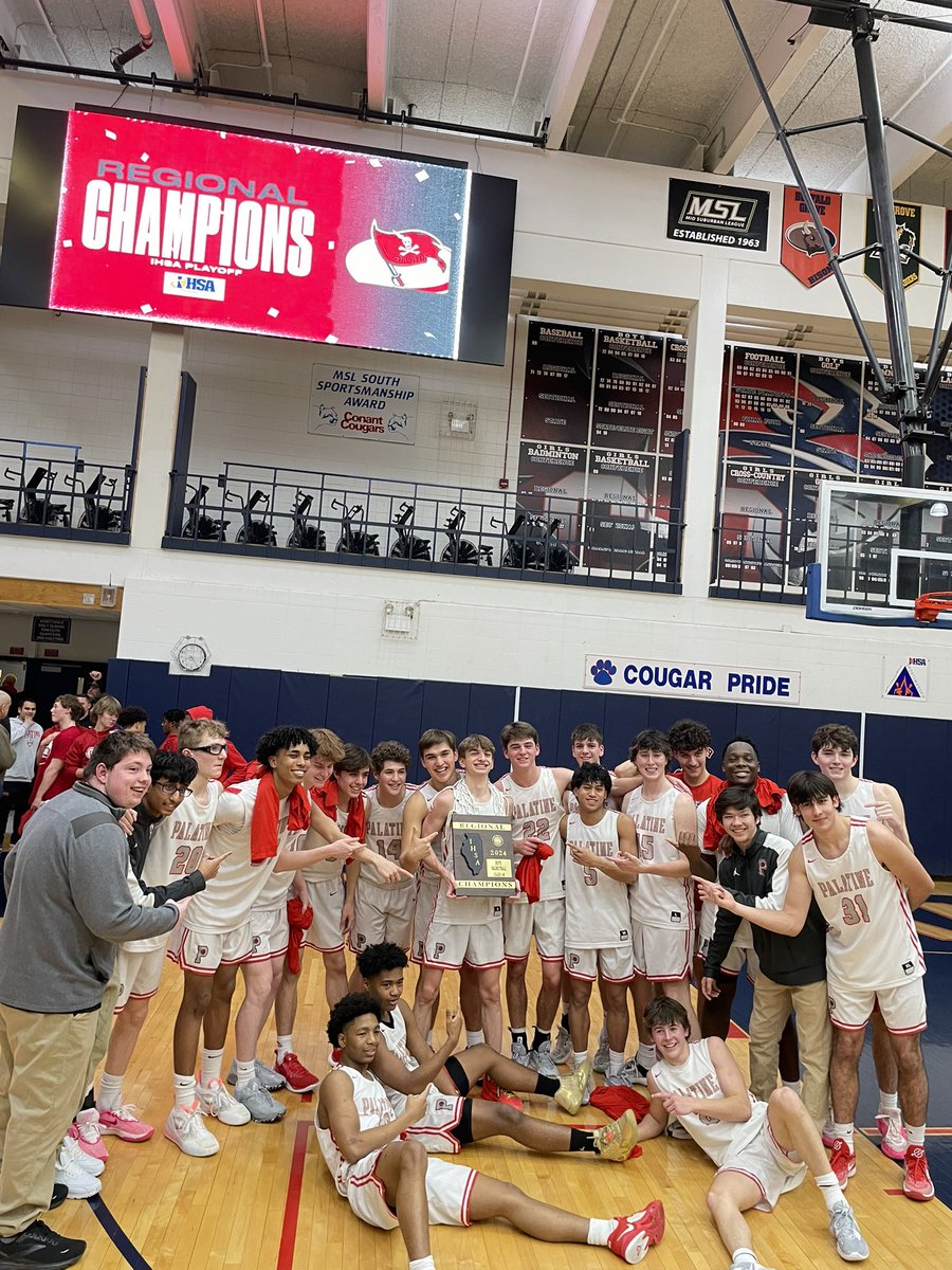 palatinebball's tweet photo. Palatine wins 64-57 over Hersey and claims a regional championship!  Connor May led all scorers with 28 and Tony Balanganayi with 14 for the Pirates (25-8)

@dhpreps @michaelsobrien @HSBBALLjg @Dion_JTsports @NestoHoops @jakubrudnik https://t.co/hL97EiqSVM