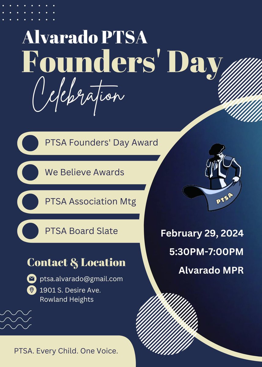Alvarado PTSA will be having our annual Founders' Day Celebration on Thursday, February 29th, 2024 in the MPR. Doors open at 5:30pm. Founders' Day is a time where we'd like to show our appreciation for dedicated volunteers, professionals and groups with our PTA service-awards.
