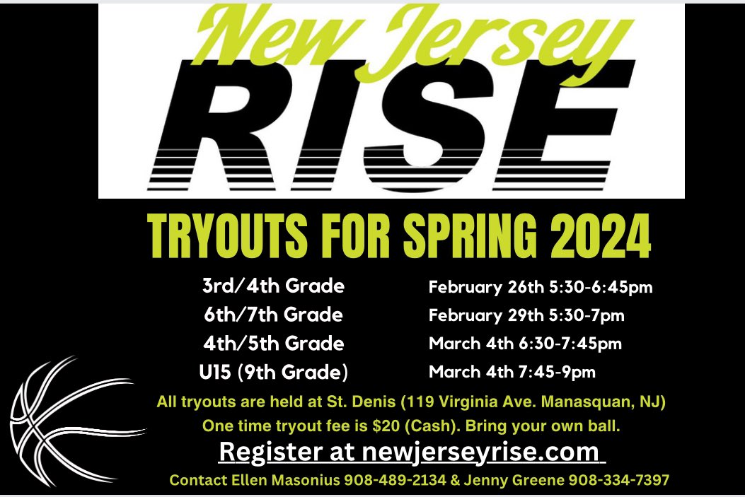 New Jersey RISE (@newjerseyrise) on Twitter photo Updated tryout days/times🏀
Register➡️ forms.gle/7GRAnQnPrP8nAN…
<a href="/EllenMasonius/">Ellen Clark Masonius</a> <a href="/jencatherine114/">Jenny Greene</a> <a href="/GlennJansen11/">Glenn Jansen</a> <a href="/CoachAliNap/">Coach Ali Napolitano</a> <a href="/klhoops/">Kevin Lynch</a> <a href="/TinyGreenNBS/">Coach Tiny Green</a> <a href="/EJayArrow/">E J 🏀</a> <a href="/NJLadiesHoops/">NJ Ladies Hoops</a> <a href="/NYGHoops/">NYGHoops</a> <a href="/PGHNewJersey/">Prep Girls Hoops New Jersey</a> Updated tryout days/times🏀
Register➡️ forms.gle/7GRAnQnPrP8nAN…
<a href="/EllenMasonius/">Ellen Clark Masonius</a> <a href="/jencatherine114/">Jenny Greene</a> <a href="/GlennJansen11/">Glenn Jansen</a> <a href="/CoachAliNap/">Coach Ali Napolitano</a> <a href="/klhoops/">Kevin Lynch</a> <a href="/TinyGreenNBS/">Coach Tiny Green</a> <a href="/EJayArrow/">E J 🏀</a> <a href="/NJLadiesHoops/">NJ Ladies Hoops</a> <a href="/NYGHoops/">NYGHoops</a> <a href="/PGHNewJersey/">Prep Girls Hoops New Jersey</a>