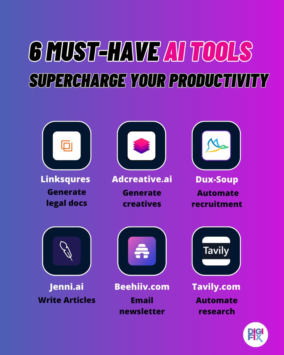 digifixaus's tweet image. Boost your productivity with these 6 groundbreaking AI tools crafted to transform your work experience.
#AIProductivityTools #EfficiencyEnhanced #WorkSmarterNotHarder  #DigiFix