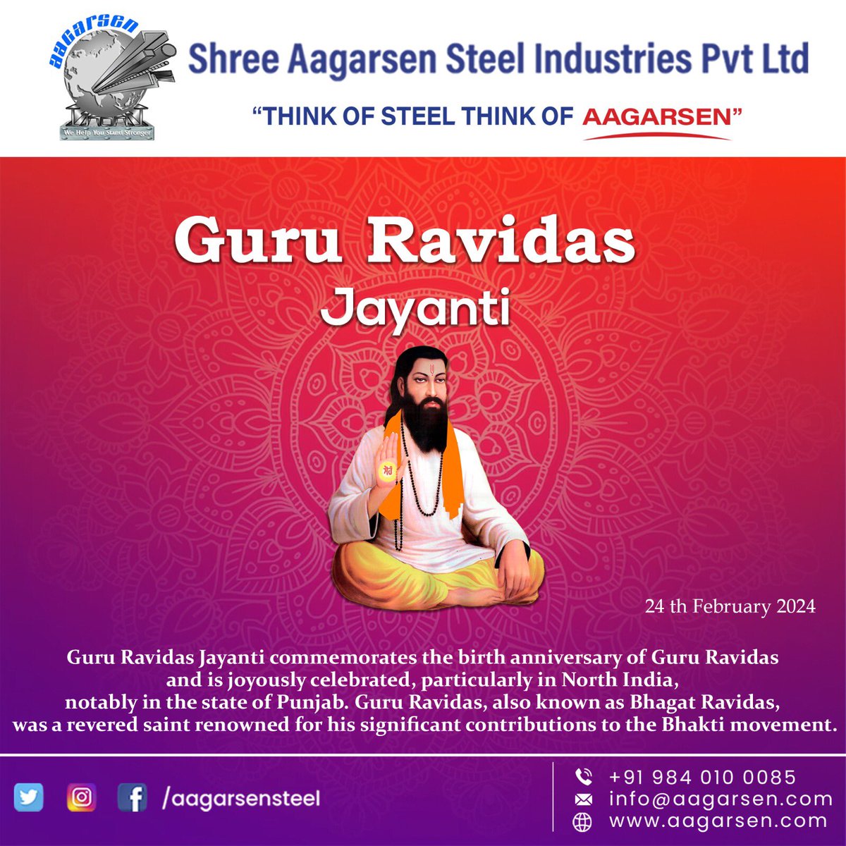 'Happy Guru Ravidas Jayanti!'
.
THINK OF STEEL, THINK OF AAGARSEN!!!
.
To Order @98401 00085
Discover more:
buff.ly/3tF7P5W
.
#steel #steelindustry #trend #steelworks #steelbook #GuruRavidasJayanti
#RavidasJayanti #GuruRavidas #JayantiWishes #GuruRavidasTeachings