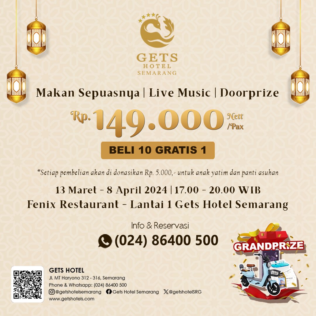 𝙍𝙖𝙢𝙖𝙙𝙝𝙖𝙣 𝙨𝙚𝙜𝙚𝙧𝙖 𝙩𝙞𝙗𝙖✨🕌
Nikmati moment berbuka setiap harinya dengan citarasa tak terlupakan bersama orang tersayang
🕌 𝐒𝐞𝐫𝐚𝐛𝐢 𝐊𝐮𝐫𝐦𝐚 🕌
Rp. 149.000,- net/pax
📌 All you can eat
📌 Buy 10 get 1 free
📌 Live music (setiap hari Jumat, Sabtu &amp; Minggu)