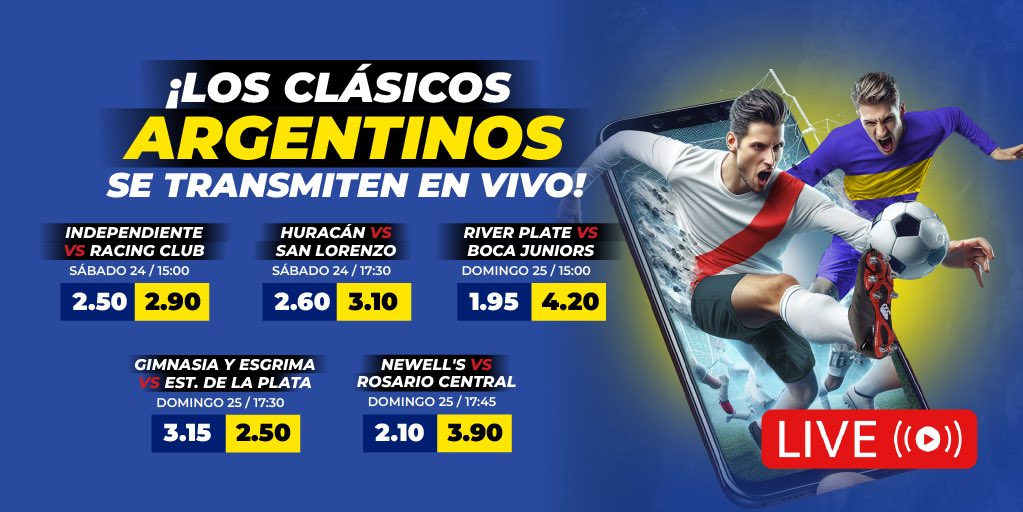 ¡Exclusivo en Latribet! 📲🔥⚽️

Fecha clave en la liga argentina nos deja una fin de semana lleno de clásicos, partidazos que son transmitidos en vivo a través de nuestra web.  😉

Disfruta de la mejor calidad en tiempo real y pronostica en nuestra web. 💸😎