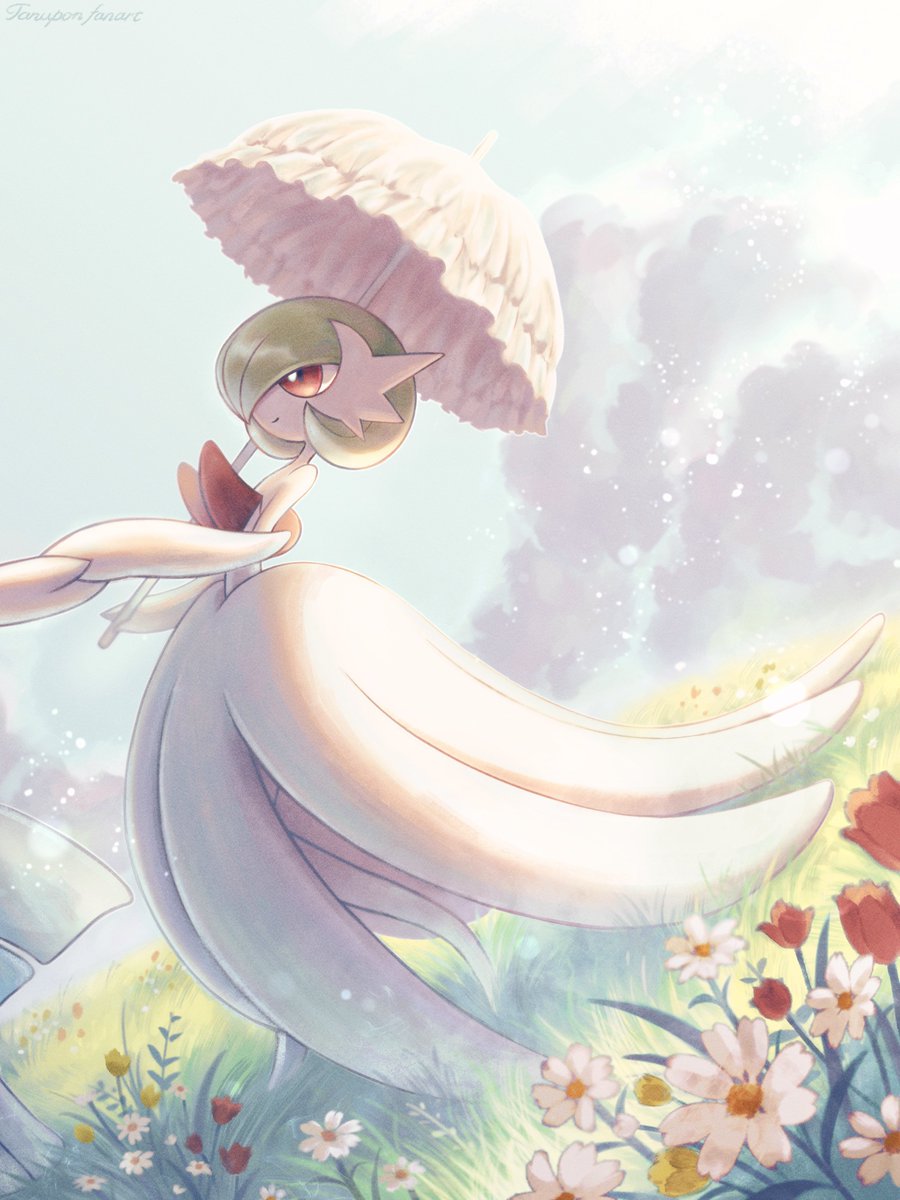 gardevoir ,mega gardevoir umbrella pokemon (creature) solo flower holding outdoors holding umbrella  illustration images