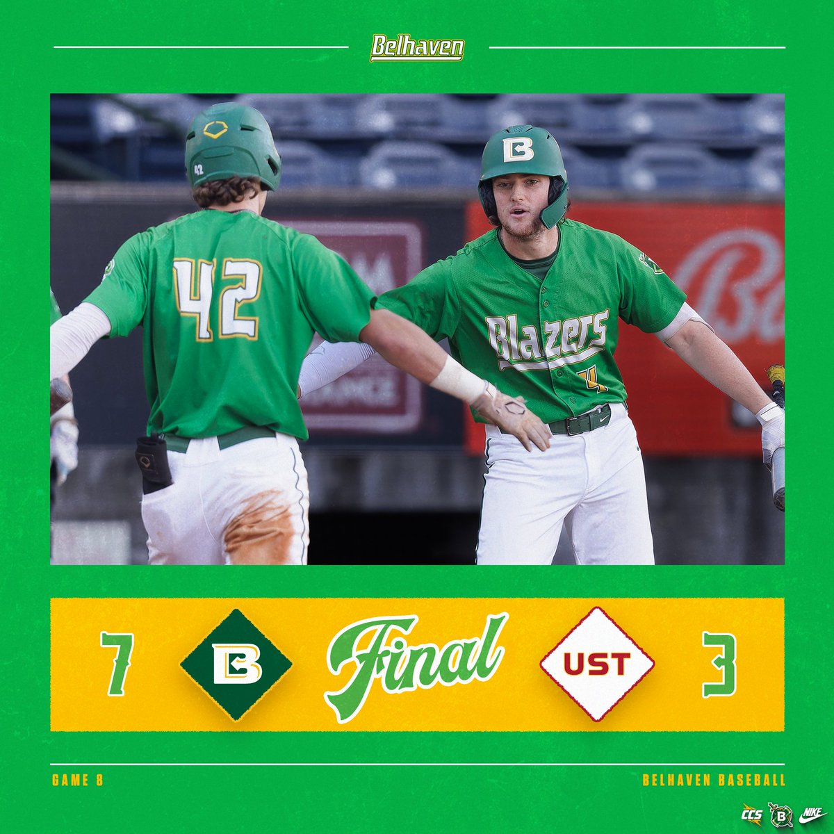 BelhavenBlazers's tweet photo. @BelhavenBSB BSB | FINAL (G2) | BEL 7, UST 3

BLAZERS WIN

Belhaven secures a second-straight series victory with a 7-3 win over St. Thomas in the nightcap

#GoGreen | #d3baseball | @BelhavenBSB https://t.co/SZiOFY0gxu
