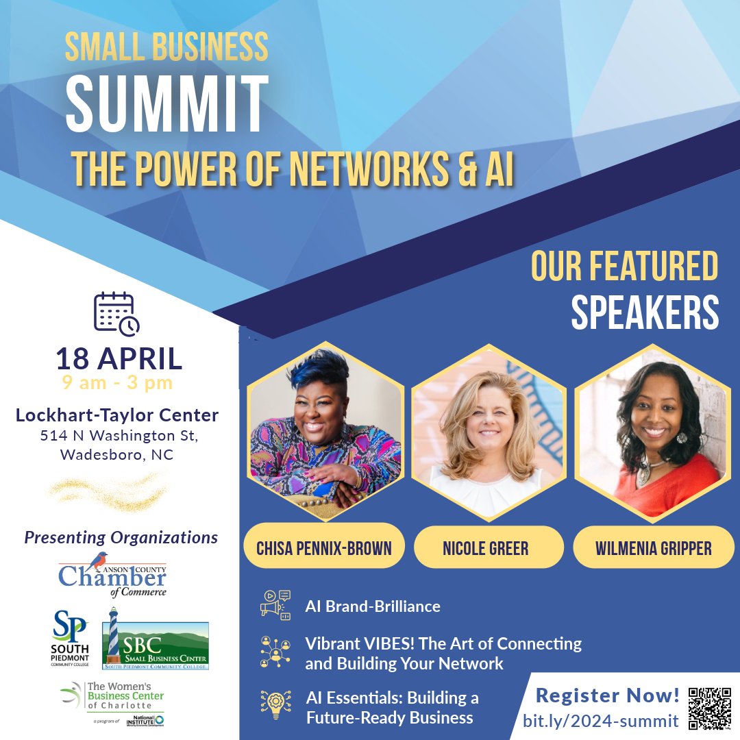 The SPCC Small Business Center, along with our partners at the Anson County Chamber of Commerce and the Women's Business Center of Charlotte, will be hosting the third annual Small Business Summit on April 18th: bit.ly/2024-summit #SmallBusiness
