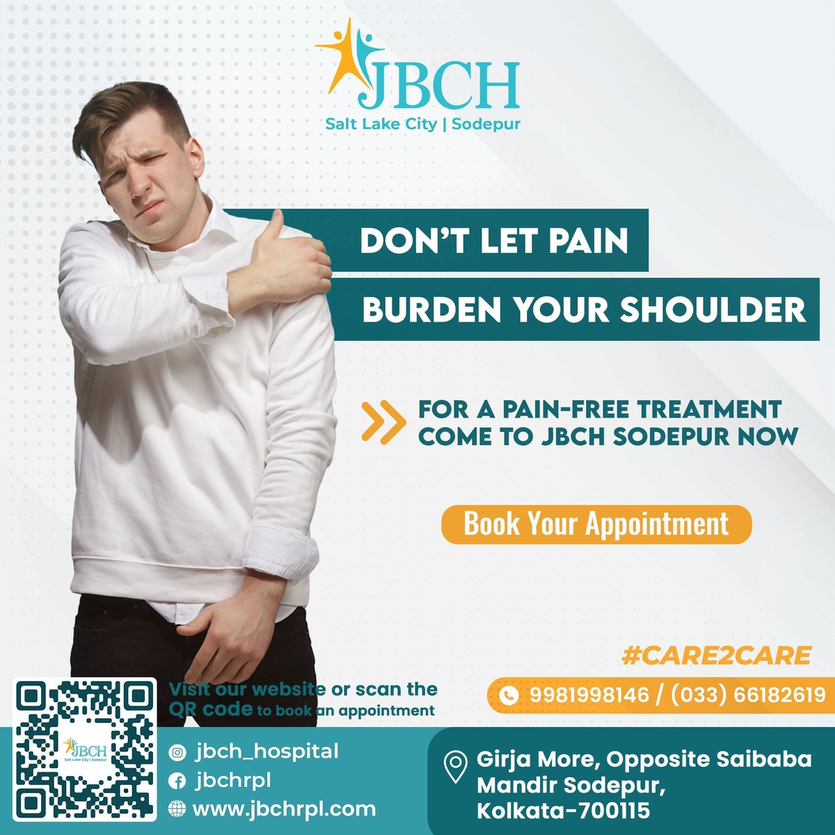 End your struggle with shoulder pain. 

Reach out to the experts at JBCH Sodepur. Book Your Appointment 📝
Visit our website for more information. Link in bio.
.
.
#ShoulderRelief #PainFree #ShoulderHealth #PainFreeLiving #JointCare #CareToCare #JBCHHospital #KolkataHospital