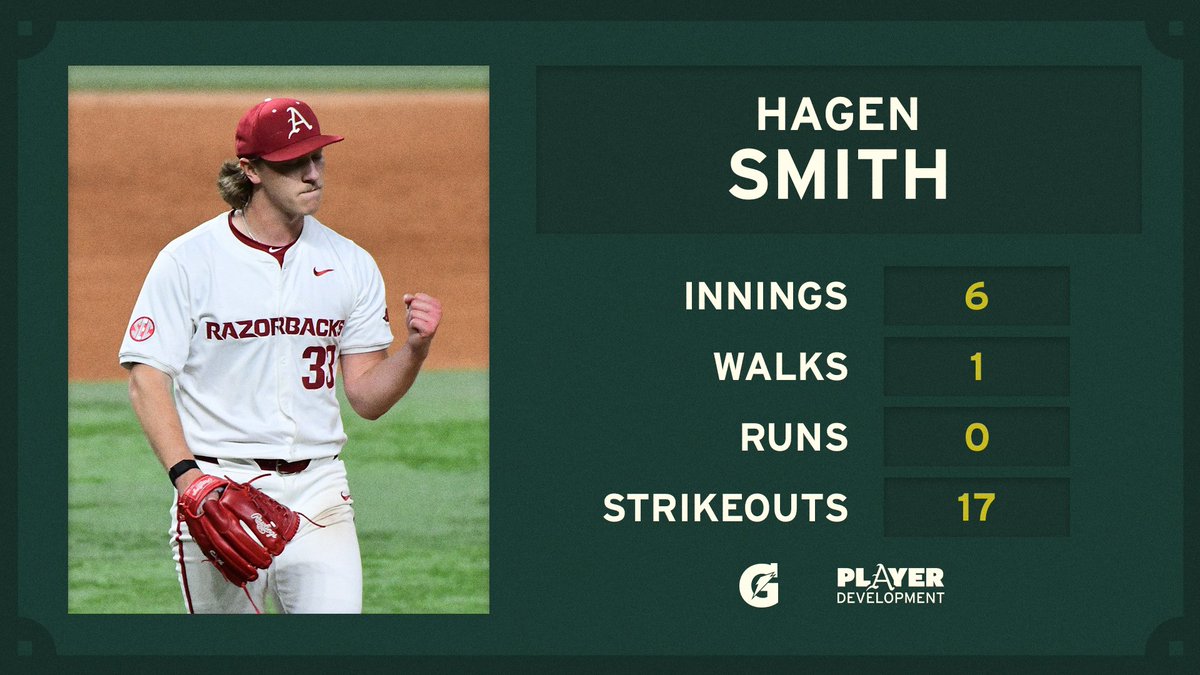 .@hagensmith32 is HIM. 17/18 batters go down via strikeout to tie a single-game program record (Jess Todd, '07).