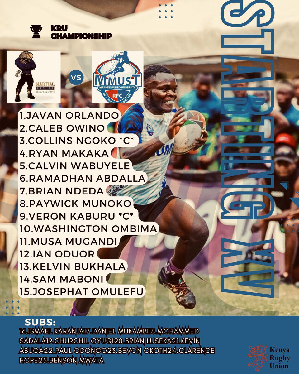 🚨team news🚨

meet our starting XV & impact players ready to take the field at 1500hrs to face @usiurfc  af their home field today 
#makaka💙
#theboysfromlurambi🔵
#thebluewave🌊
#kruchampionship
#roadtokenyacup
