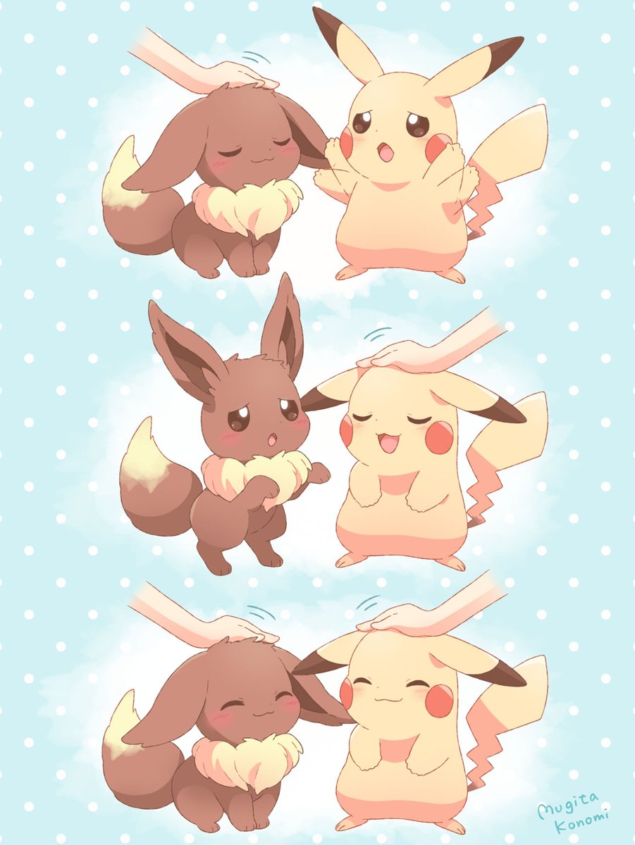 eevee ,pikachu pokemon (creature) closed eyes smile no humans headpat open mouth closed mouth  illustration images